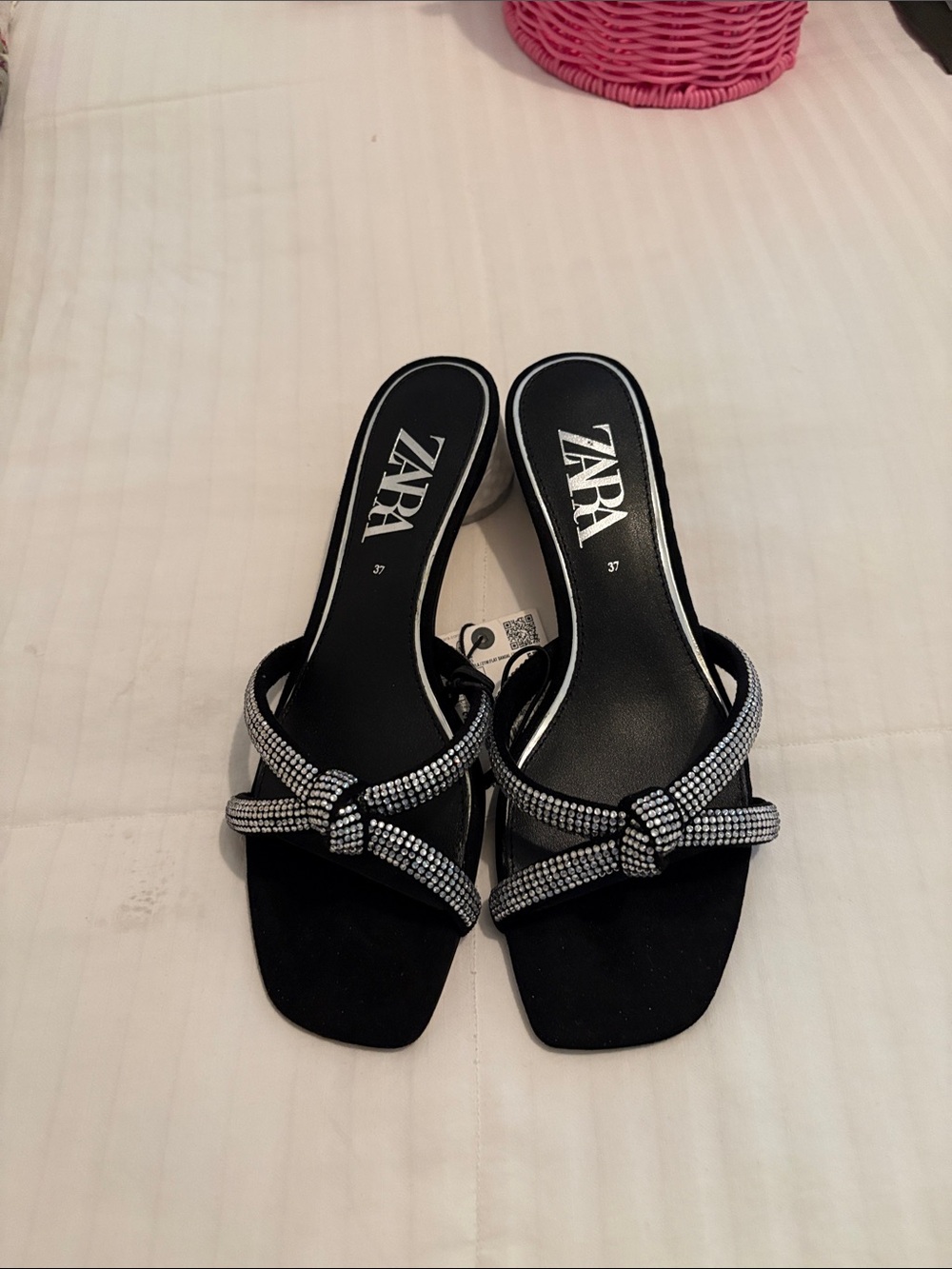 Zara Black Knotted Slide Sandals with Silver Rhinestones
